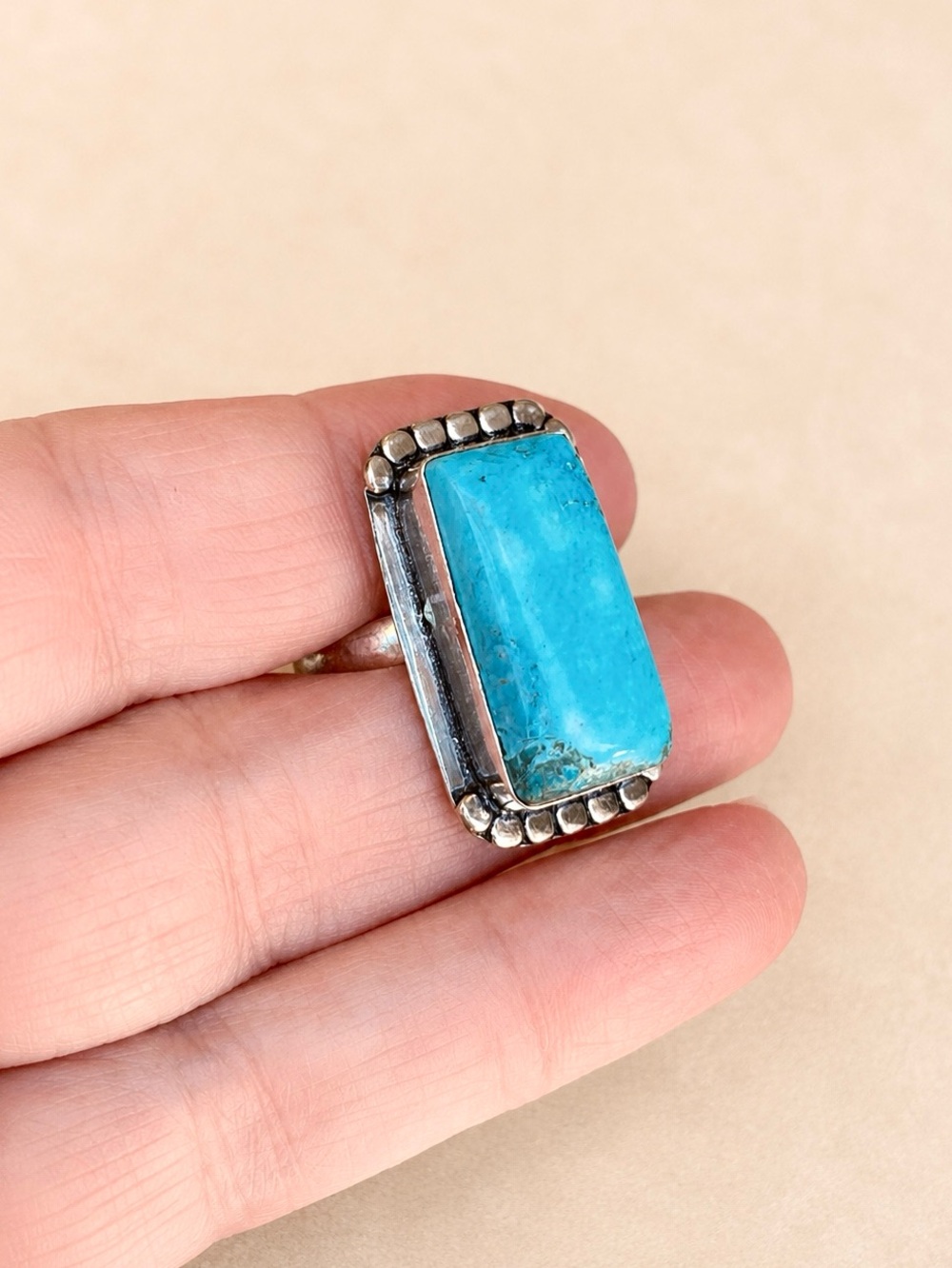 Handcrafted Square Turquoise Silver Ring Sz 10 - Picture 3 of 5